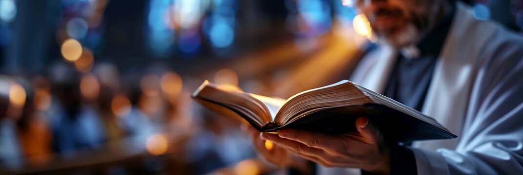 Priest reading an open Bible as glowing light rises during a church service