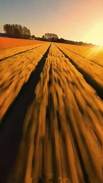 low angle fpv drone shot flying fast over colorful dutch tulip field sunset