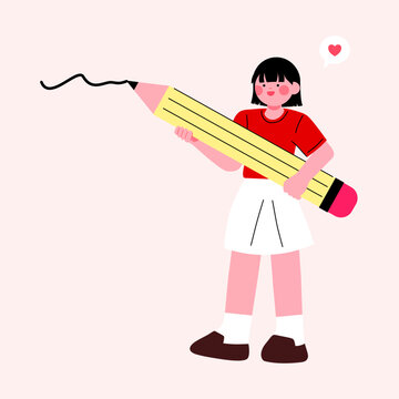 Flat Illustration Girl Holding Giant Pencil Creative Drawing and Design Concept
