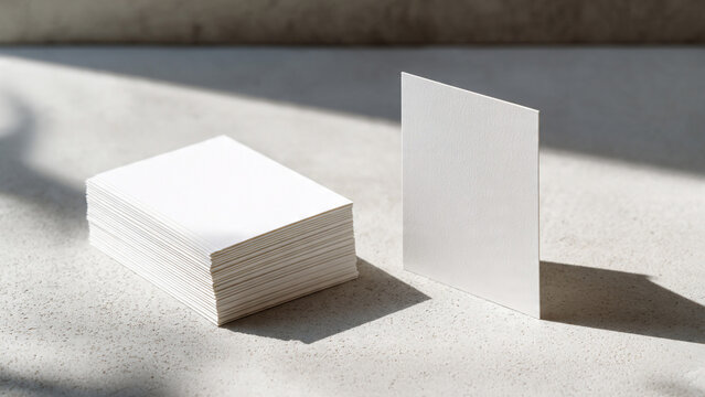 White textured business cards, stack and single standing card on gray surface with soft natural shadows, minimalist branding