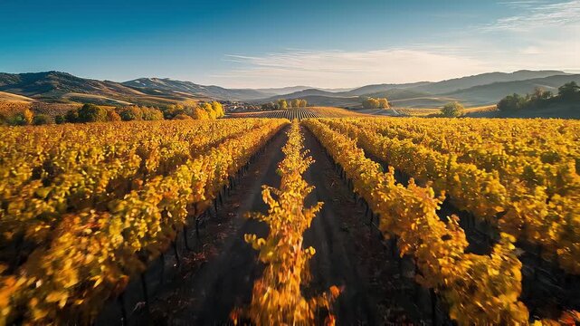 Golden vineyard rows stretch toward rolling hills under a bright blue sky, autumn leaves glowing in warm sunlight; peaceful rural landscape bathed in soft morning light and distant mountains