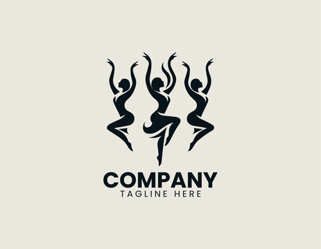 Three female dancers in synchronized pose silhouette vector logo isolated on white background
