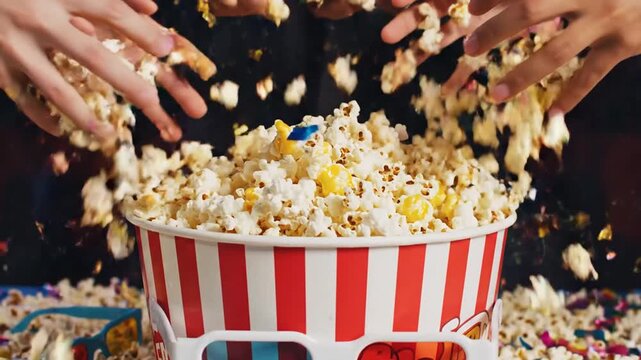 Many hands grabbing buttery popcorn from bucket at cinema
