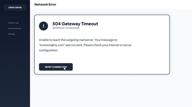 Network error dashboard showing 504 gateway timeout with retry connection button for mail server