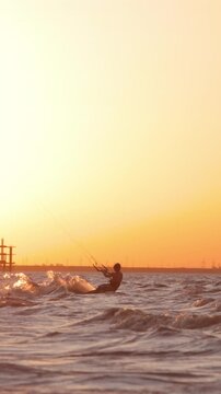 Kitesurfer On Sea At Golden Sunset Extreme Sport Freedom Slow Motion Ocean Lifestyle Adventure Motivation Travel Wellness Summer Happiness Water Power Energy Adrenaline Outdoor Passion