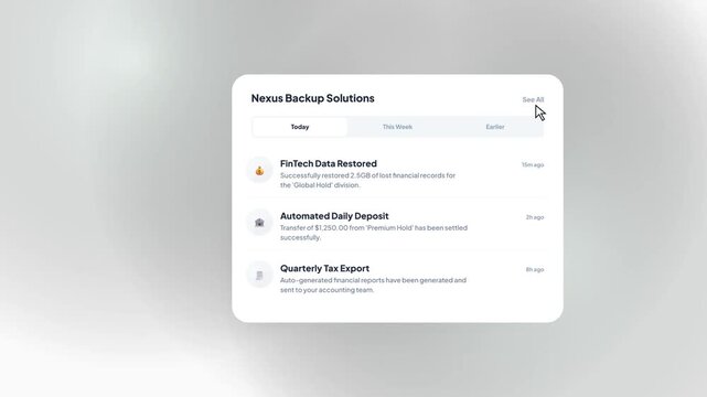 Data recovery and backup solution window showing restored files tax export and daily deposits