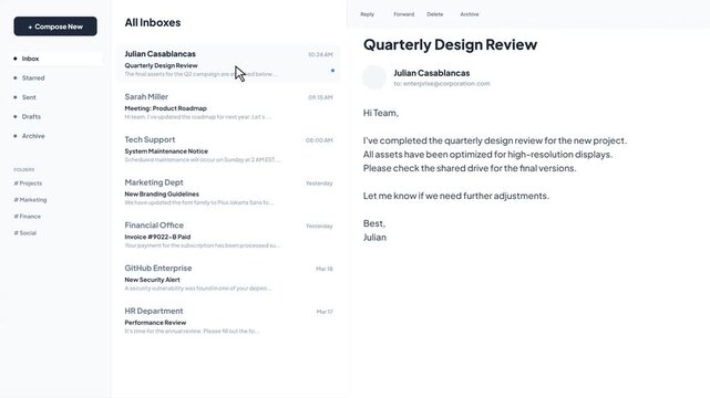 Corporate email client interface displaying inbox list and detailed view of design review message