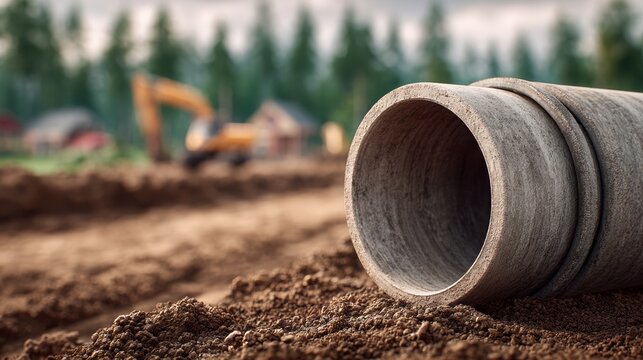 Concrete drainage pipe lying on freshly dug soil with construction machinery and forested area visible in the background, showcasing a construction site environment