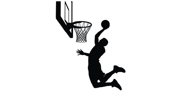 Basketball player dunking with ball and hoop silhouette