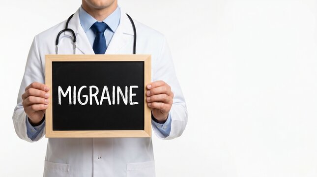 doctor holding migraine chalkboard sign with both hands in clean medical studio with copy space for healthcare awareness communication