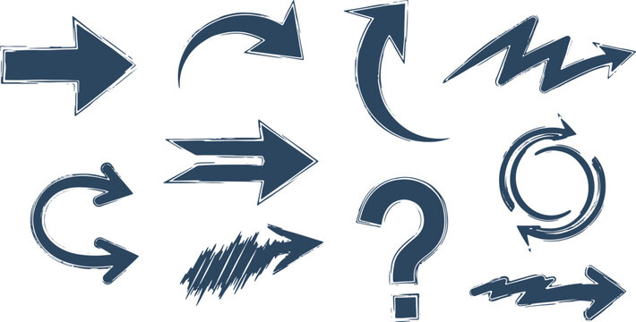 Hand drawn blue arrows and question mark symbol representing direction movement and inquiry.