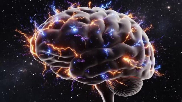 Brain with electric sparks in space ideal for tech startups and software promos