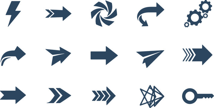 Set of blue arrow icons and symbols representing direction, movement, and data flow on transparent background.