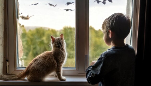 A young boy and his cat gaze out the window at birds.