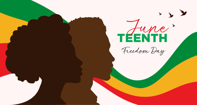 Profile silhouette of African American man and woman with Pan-African flag for Juneteenth Freedom Day.