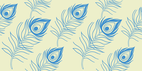Seamless blue peacock feather pattern on soft beige background for elegant  Stylized line art plumage texture with eye motifs. Luxury ornamental repeat design for textiles, packaging,  © Parul