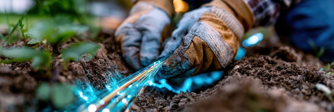 Technician laying internet cable in a roadside trench with glowing blue pulses