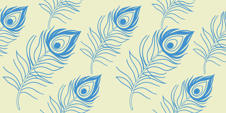 Seamless blue peacock feather pattern on soft beige background for elegant  Stylized line art plumage texture with eye motifs. Luxury ornamental repeat design for textiles, packaging, 