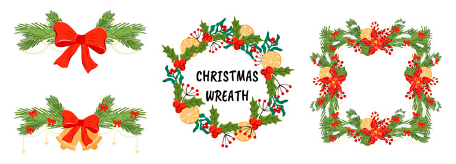 Green garland light vector illustration for merry circle christmas wreath. Set and collection australian ribbon border with new noel isolated card. Berry fir branch for festive pine bow. © alia.kurianova