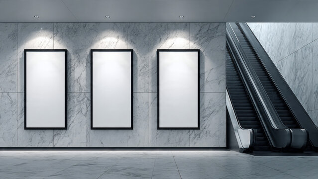 Three vertical blank poster mockups on marble wall beside escalator in modern building interior, perfect for advertising