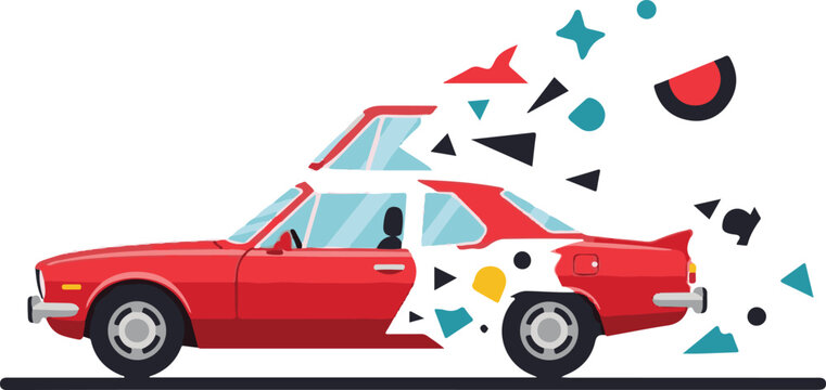 Dynamic red car dissolving into colorful geometric shapes representing motion and transformation concept artistic automobile disintegration in space creative visual communication