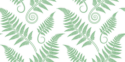 Seamless green fern pattern with curling fronds on light background for natural  Elegant botanical illustration with delicate leaf textures and spirals. Minimal repeat design ideal for textiles, © Parul