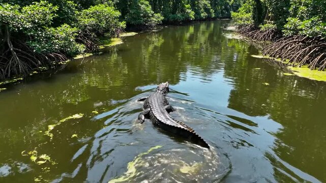 Aerial top-down perspective of a wild spectacled caiman reptile swimming through murky emerald river water in the Colombian jungle wetland habitat with copy space for text.