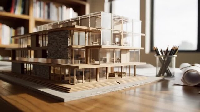 Architectural model on desk with blueprints ideal for heavy industry and architectural showcases