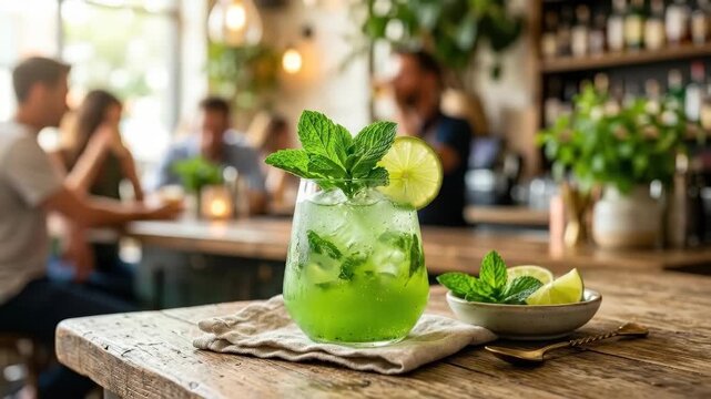 Green cocktail with mint garnish, refreshing drink concept for bar menu, summer lifestyle and party themes, vivid color, ice and fresh herbs styled in a premium appetizing composition with clean