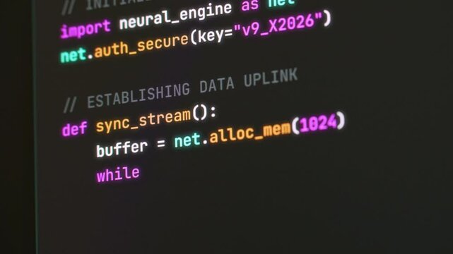 Programming computer code on screen in software development process.