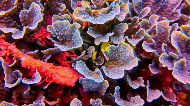 Extreme close-up of blue lettuce coral and orange starfish amid a densely packed tropical reef structure.