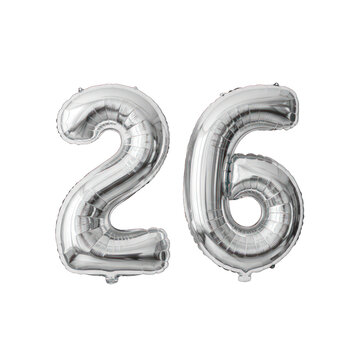Silver foil balloon number 26 isolated on a white background.