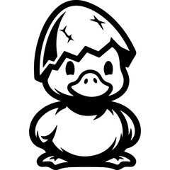 Fototapeta premium Little duckling stands in a hat made of an eggshell. Black and white vector with thick outlines isolated on white background