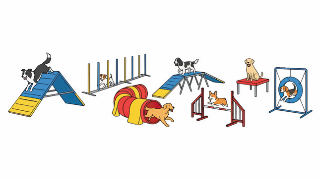 Dog Agility Course Equipment with Dogs Training.