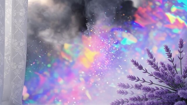 Colorful Smoke and Magic Dust Escape from a Window with Lavender Plants Nearby