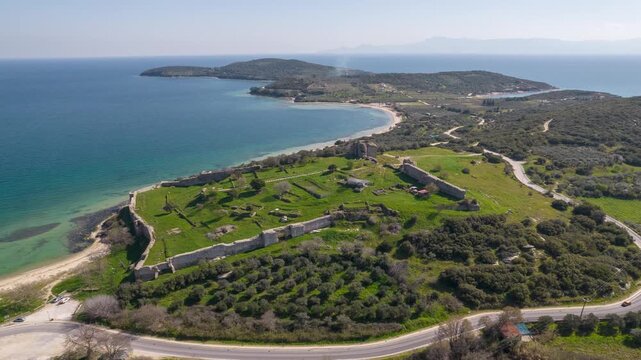 Nea Peramos Castle and Vrasidas Gulf, Aerial Landscape of Byzantine Castle in Kavala Coastline Greece