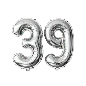 Silver foil balloons forming the number 39 celebrating a birthday or anniversary.