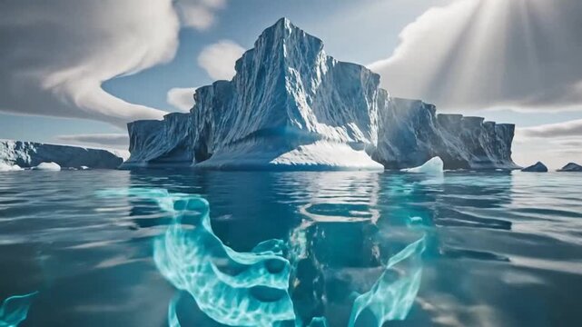 Iceberg in ocean with sun rays highlighting environmental conservation and serenity