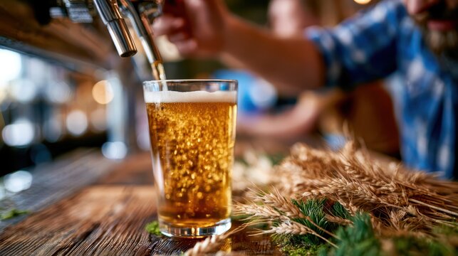 Bartender pouring a glass of fresh beer in a bright brewery
