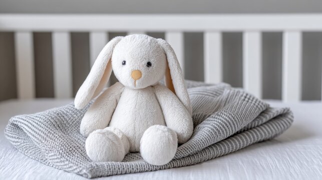 Soft plush bunny toy sitting on a folded gray blanket inside a crib with a light-colored wooden frame and neutral background
