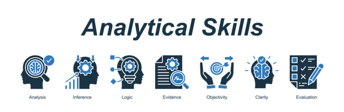 Analytical Skills banner web icon vector illustration concept with an icon of Analysis, Inference, Logic, Evidence, Objectivity, Clarity, Evaluation
