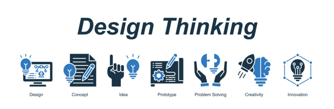 Design Thinking banner web icon vector illustration concept with an icon of Design, Concept, Idea, Prototype, Problem Solving, Creativity, Innovation 