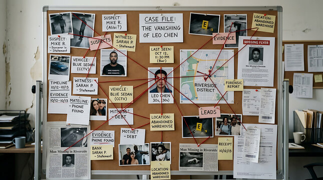 A detective's investigation board unraveling a complex case with photos notes and connections