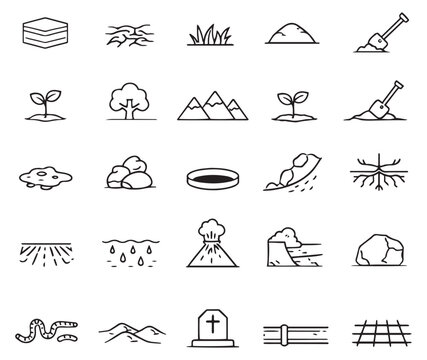 soil geology and earth science agriculture construction line icons vector