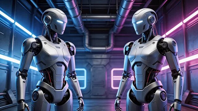 Two humanoid robots in futuristic corridor