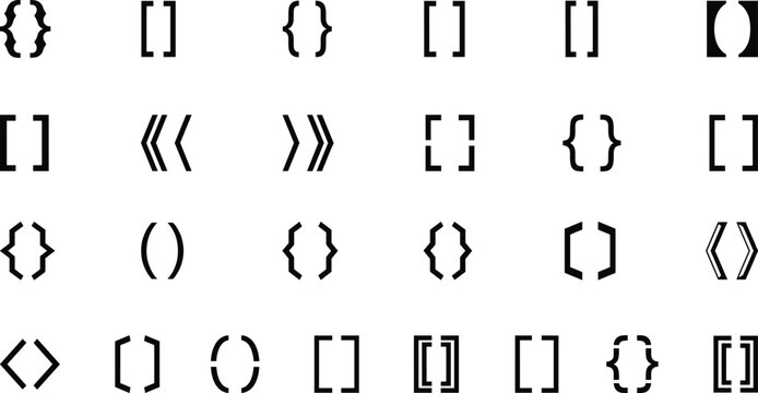 Bracket and brace symbol illustration collection featuring curly, square, angle, round variations, typographic design vector set