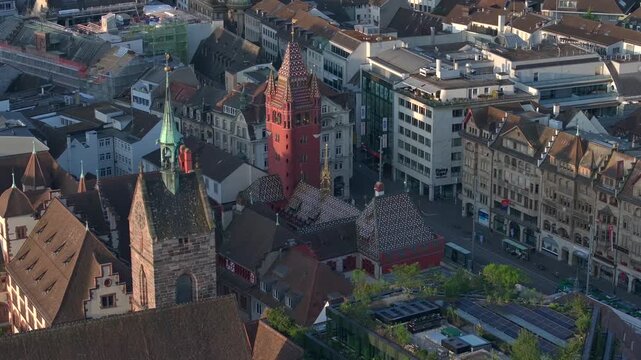 Basel Town Hall or Rotes Rathaus in Basel City Center, Switzerland on Summer Morning. Sunrise Light in Altstadt, Aerial.