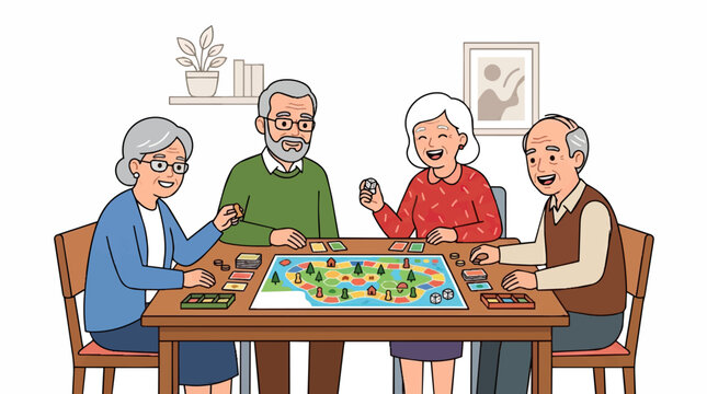 Four elderly friends enjoying a board game together.