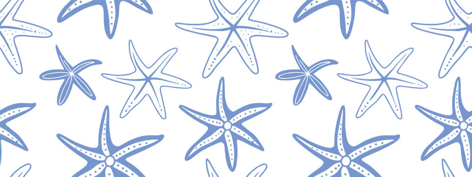 Seamless starfish pattern in blue line art on light background for coastal  Minimal marine illustration with playful sea stars. Clean ocean themed repeat design ideal for textiles, wallpaper, 