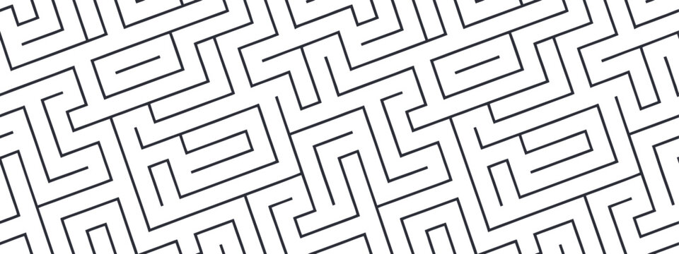 Seamless geometric maze pattern in black line art on light background for modern  Abstract labyrinth texture with angular paths. Clean repeat design ideal for textiles, wallpaper, packaging, 